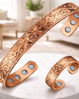 Pure Copper Magnetic Bracelet & Ring Set for Women – Adjustable Engraved Floral Cuff, Arthritis Relief Jewelry, Boho Wellness Gift for Her