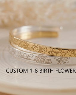 Personalized Cuff For Mom, Birth Flower Bracelet, Mummy Bracelet, Secret Message Bangle, Engraved Gold Cuff Bracelet, Mother Jewelry